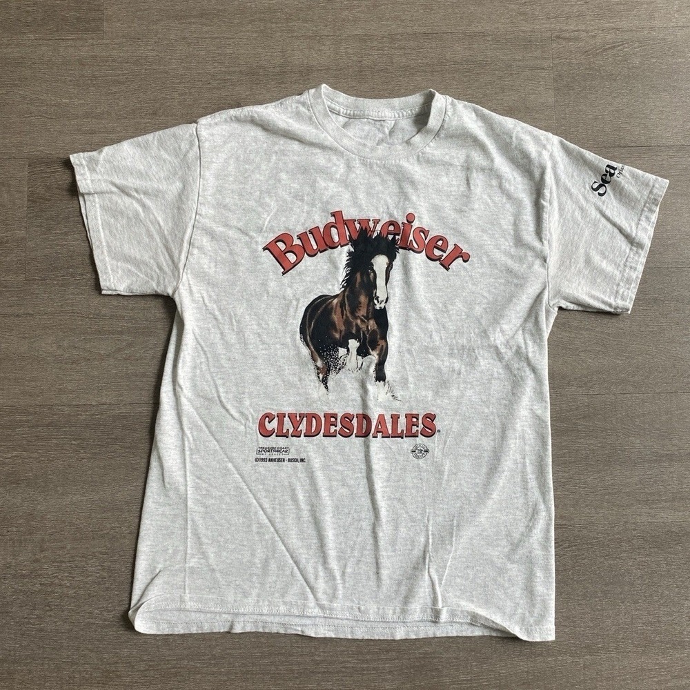 Budweiser Vtg Light Grey T-Shirt Horse Logo Women's Size Medium Sea World 1363